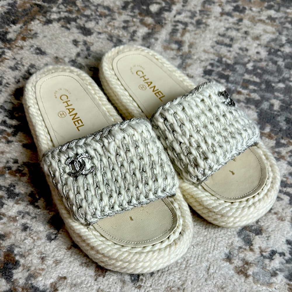 Chanel White and Gray Slide Sandals SZ. 39